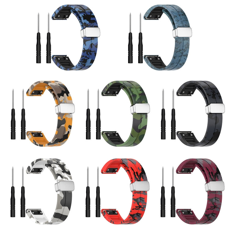 For Garmin Fenix 7X Magnetic Folding Silver Buckle Color Printed Silicone Watch Band(Camouflage Blue) - free shipping - PMC TechLife - Order now!