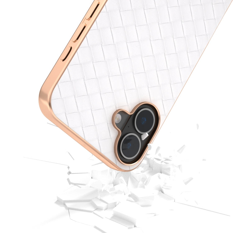 For iPhone 16 Electroplated Frame Woven Texture PU Phone Case(White) - free shipping - PMC Jewellery - Order now!