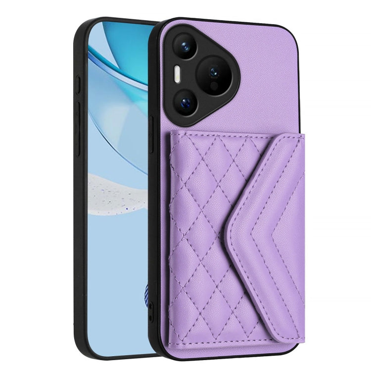 For Huawei Pura 70 Rhombic Texture Card Bag RFID Phone Case with Long Lanyard(Light Purple) - Huawei Cases by PMC Jewellery | Online Shopping South Africa | PMC Jewellery | Buy Now Pay Later Mobicred