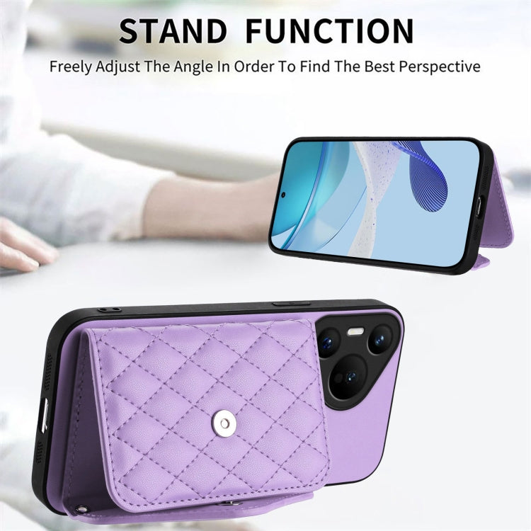 For Huawei Pura 70 Rhombic Texture Card Bag RFID Phone Case with Long Lanyard(Light Purple) - Huawei Cases by PMC Jewellery | Online Shopping South Africa | PMC Jewellery | Buy Now Pay Later Mobicred