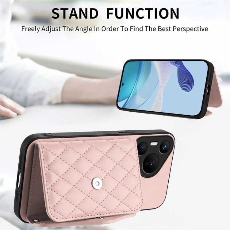 For Huawei Pura 70 Rhombic Texture Card Bag RFID Phone Case with Long Lanyard(Rose Gold) - Huawei Cases by PMC Jewellery | Online Shopping South Africa | PMC Jewellery | Buy Now Pay Later Mobicred