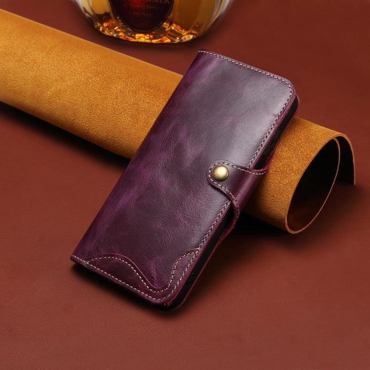 For iPhone 16 Plus Denior B01 Oil Wax Cowhide Magnetic Button Genuine Leather Case(Purple) - iPhone 16 Plus Cases by Denior | Online Shopping South Africa | PMC Jewellery | Buy Now Pay Later Mobicred