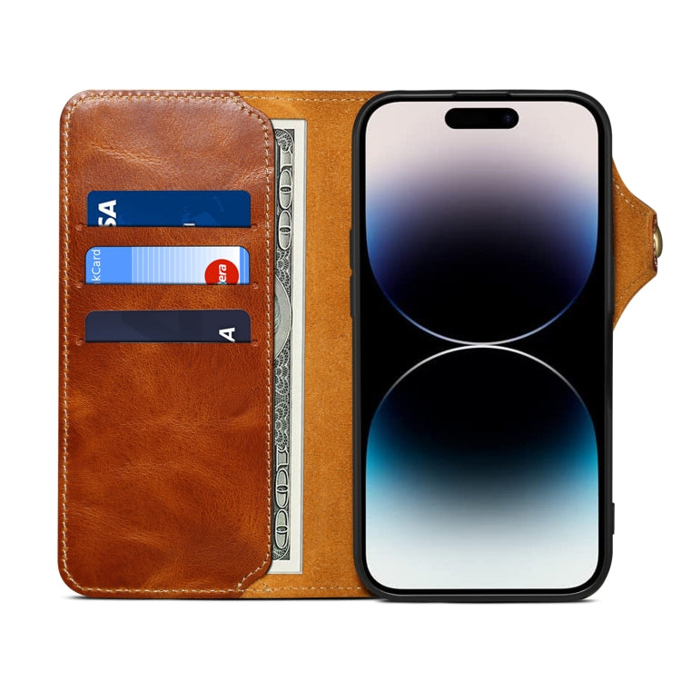 For iPhone 16 Plus Denior B01 Oil Wax Cowhide Magnetic Button Genuine Leather Case(Brown) - iPhone 16 Plus Cases by Denior | Online Shopping South Africa | PMC Jewellery | Buy Now Pay Later Mobicred