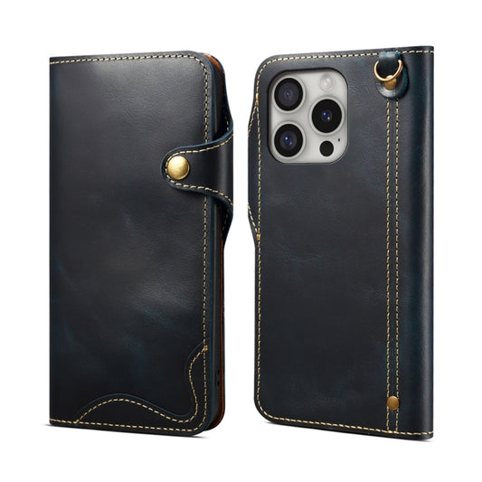 For iPhone 16 Pro Max Denior B01 Oil Wax Cowhide Magnetic Button Genuine Leather Case(Blue) - iPhone 16 Pro Max Cases by Denior | Online Shopping South Africa | PMC Jewellery | Buy Now Pay Later Mobicred