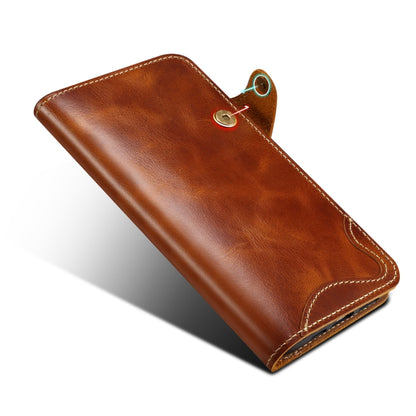 For iPhone 16 Pro Max Denior B01 Oil Wax Cowhide Magnetic Button Genuine Leather Case(Brown) - iPhone 16 Pro Max Cases by Denior | Online Shopping South Africa | PMC Jewellery | Buy Now Pay Later Mobicred