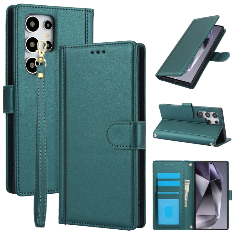 For Samsung Galaxy S25 Ultra 5G Skin Feel Pure Color Card Slots Leather Phone Case with Dual Lanyard(Green) - Galaxy S25 Ultra 5G Cases by PMC TechLife | Online Shopping South Africa | PMC TechLife | Buy Now Pay Later Mobicred
