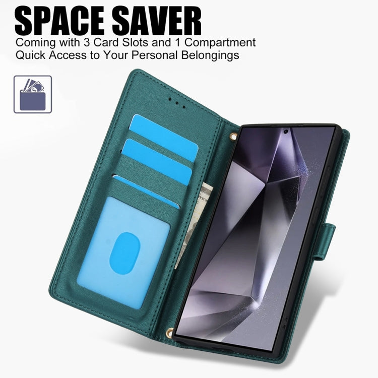 For Samsung Galaxy S25 Ultra 5G Skin Feel Pure Color Card Slots Leather Phone Case with Dual Lanyard(Green) - Galaxy S25 Ultra 5G Cases by PMC TechLife | Online Shopping South Africa | PMC TechLife | Buy Now Pay Later Mobicred