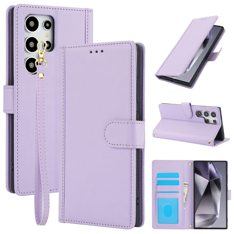 For Samsung Galaxy S25 Ultra 5G Skin Feel Pure Color Card Slots Leather Phone Case with Dual Lanyard(Purple) - Galaxy S25 Ultra 5G Cases by PMC TechLife | Online Shopping South Africa | PMC TechLife | Buy Now Pay Later Mobicred