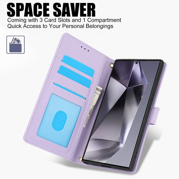 For Samsung Galaxy S25 Ultra 5G Skin Feel Pure Color Card Slots Leather Phone Case with Dual Lanyard(Purple) - Galaxy S25 Ultra 5G Cases by PMC TechLife | Online Shopping South Africa | PMC TechLife | Buy Now Pay Later Mobicred