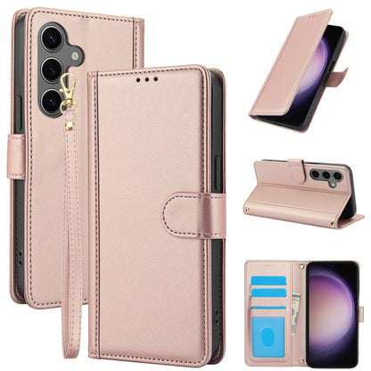 For Samsung Galaxy S25+ 5G Skin Feel Pure Color Card Slots Leather Phone Case with Dual Lanyard(Rose Gold) - Galaxy S25+ 5G Cases by PMC Jewellery | Online Shopping South Africa | PMC Jewellery | Buy Now Pay Later Mobicred