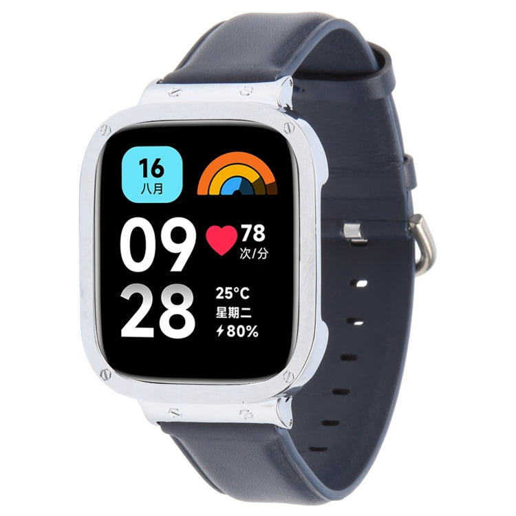 For Redmi Watch 3 Lite Metal Frame Integrated Genuine Leather Watch Band(Dark Blue) - Watch Bands by PMc TechLife | Online Shopping South Africa | PMc TechLife | Buy Now Pay Later Mobicred