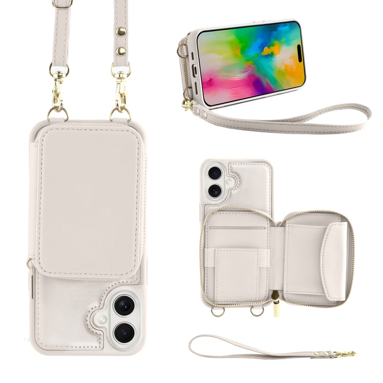 For iPhone 16 Crossbody Zipper Wallet Bag Leather Phone Case with Lanyard(White) - iPhone 16 Cases by PMC Jewellery | Online Shopping South Africa | PMC Jewellery | Buy Now Pay Later Mobicred