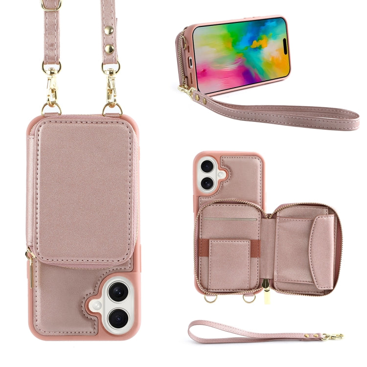 For iPhone 16 Crossbody Zipper Wallet Bag Leather Phone Case with Lanyard(Rose Gold) - iPhone 16 Cases by PMC Jewellery | Online Shopping South Africa | PMC Jewellery | Buy Now Pay Later Mobicred