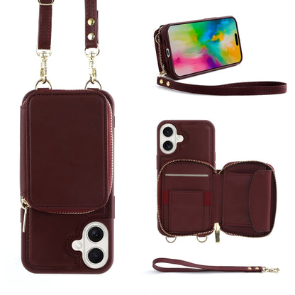 For iPhone 16 Plus Crossbody Zipper Wallet Bag Leather Phone Case with Lanyard(Wine Red) - iPhone 16 Plus Cases by PMC Jewellery | Online Shopping South Africa | PMC Jewellery | Buy Now Pay Later Mobicred