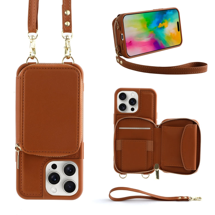 For iPhone 16 Pro Crossbody Zipper Wallet Bag Leather Phone Case with Lanyard(Brown) - iPhone 16 Pro Cases by PMC Jewellery | Online Shopping South Africa | PMC Jewellery | Buy Now Pay Later Mobicred