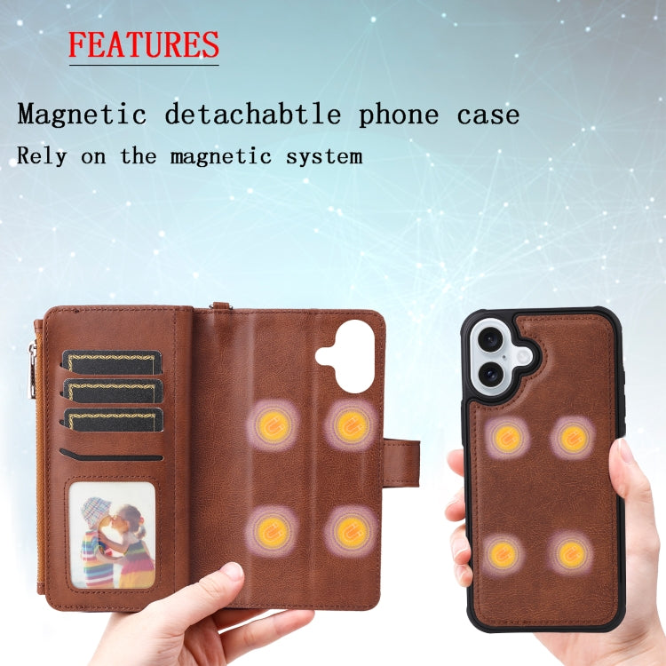 For iPhone 16 Plus Solid Color 2 in 1 Zipper Shockproof Phone Case(Brown) - iPhone 16 Plus Cases by PMC Jewellery | Online Shopping South Africa | PMC Jewellery | Buy Now Pay Later Mobicred