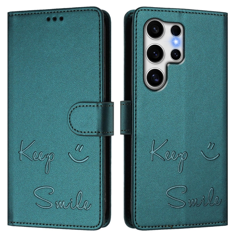 For Samsung Galaxy S25 Ultra 5G Smile Embossing RFID Leather Phone Case(Peacock Green) - Galaxy S25 Ultra 5G Cases by PMC TechLife | Online Shopping South Africa | PMC TechLife | Buy Now Pay Later Mobicred