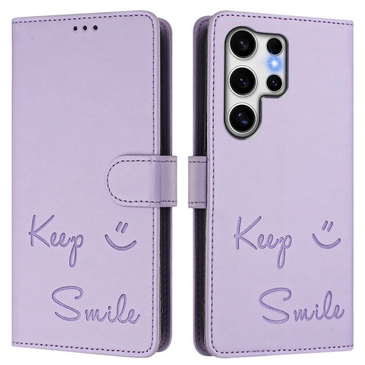 For Samsung Galaxy S25 Ultra 5G Smile Embossing RFID Leather Phone Case(Light Purple) - Galaxy S25 Ultra 5G Cases by PMC TechLife | Online Shopping South Africa | PMC TechLife | Buy Now Pay Later Mobicred