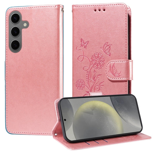 For Samsung Galaxy S25 5G Embossed Butterfly Flowers Leather Phone Case(Rose Gold) - Galaxy S25 5G Cases by PMC Jewellery | Online Shopping South Africa | PMC Jewellery | Buy Now Pay Later Mobicred