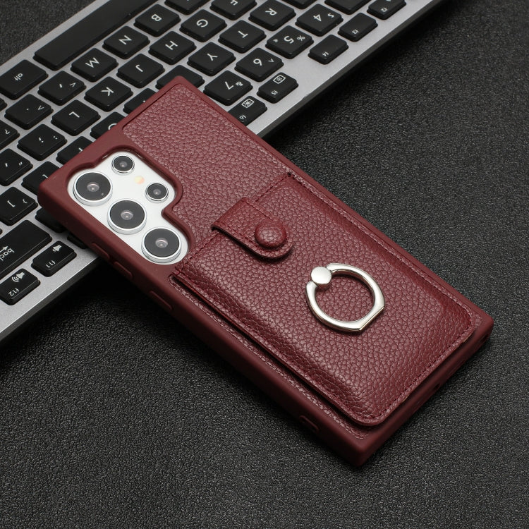 For Samsung Galaxy S25 Ultra 5G Litchi Texture Drawing Card Bag Ring Holder Phone Case(Wine Red) - Galaxy S25 Ultra 5G Cases by PMC Jewellery | Online Shopping South Africa | PMC Jewellery | Buy Now Pay Later Mobicred