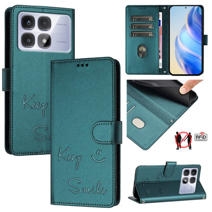 For Redmi K70 Ultra 5G Global Smile Embossing RFID Leather Phone Case(Peacock Green) - Xiaomi Cases by PMC Jewellery | Online Shopping South Africa | PMC Jewellery | Buy Now Pay Later Mobicred