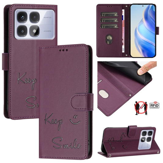 For Redmi K70 Ultra 5G Global Smile Embossing RFID Leather Phone Case(Violet) - Xiaomi Cases by PMC Jewellery | Online Shopping South Africa | PMC Jewellery | Buy Now Pay Later Mobicred