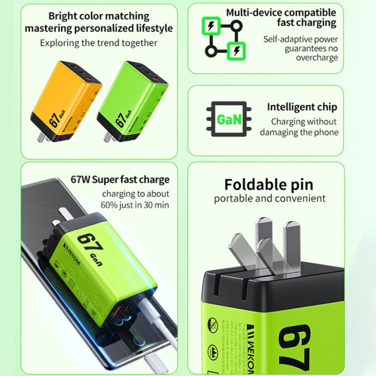 WK WP-U157 67W USB-C / Type-Cx2, USB GaN Fast Charger, Plug Type:EU Plug(Green) - free shipping - PMC TechLife - Order now!
