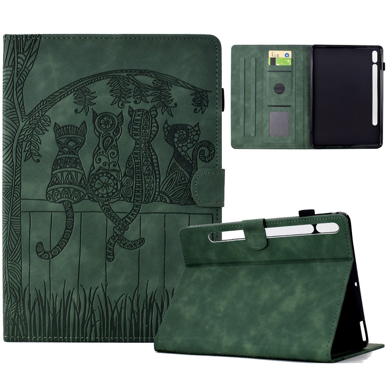 For Samsung Galaxy Tab S9 / S9 FE Cats Embossed Leather Smart Tablet Case(Green) - Galaxy Tab S9 Cases by PMC Jewellery | Online Shopping South Africa | PMC Jewellery | Buy Now Pay Later Mobicred