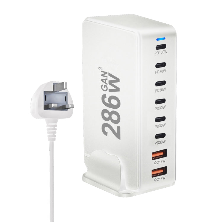 YMX-986 286W 6 Type-C, 2 USB 8-Ports Desktop Fast Charger, Plug Type:UK Plug(White) - Multifunction Charger by PMC Jewellery | Online Shopping South Africa | PMC Jewellery | Buy Now Pay Later Mobicred