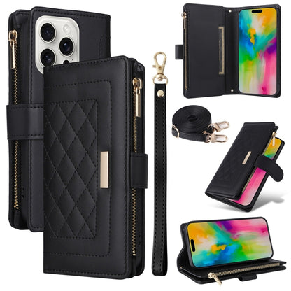 For iPhone 16 Pro Max Crossbody Zipper Wallet Rhombus Leather Phone Case(Black) - iPhone 16 Pro Max Cases by PMC Jewellery | Online Shopping South Africa | PMC Jewellery | Buy Now Pay Later Mobicred