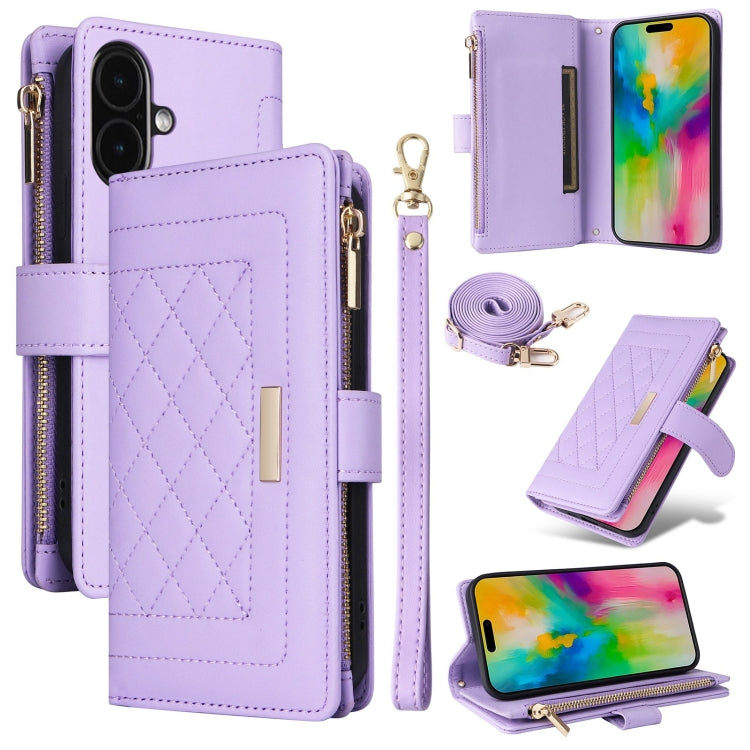 For iPhone 16 Crossbody Zipper Wallet Rhombus Leather Phone Case(Purple) - iPhone 16 Cases by PMC Jewellery | Online Shopping South Africa | PMC Jewellery | Buy Now Pay Later Mobicred