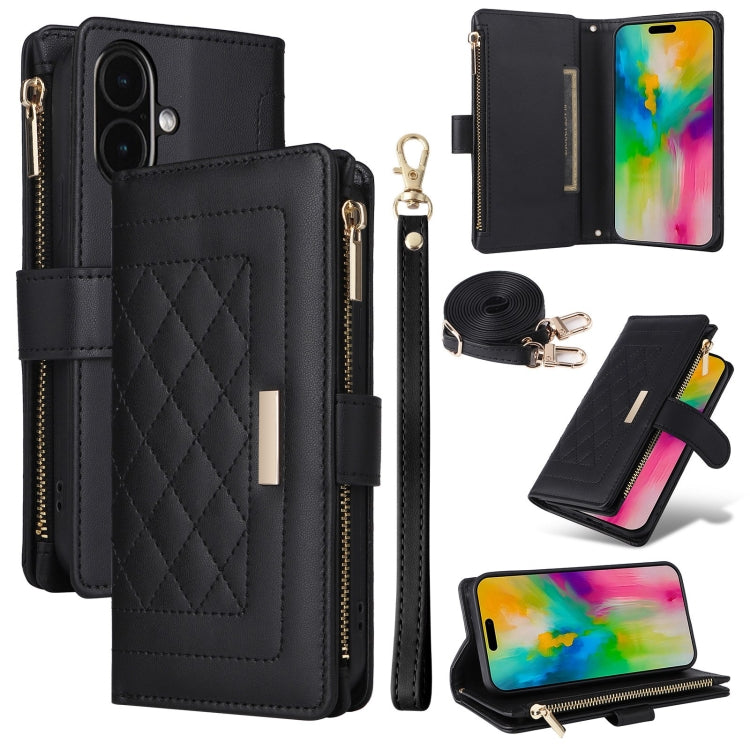 For iPhone 16 Crossbody Zipper Wallet Rhombus Leather Phone Case(Black) - iPhone 16 Cases by PMC Jewellery | Online Shopping South Africa | PMC Jewellery | Buy Now Pay Later Mobicred