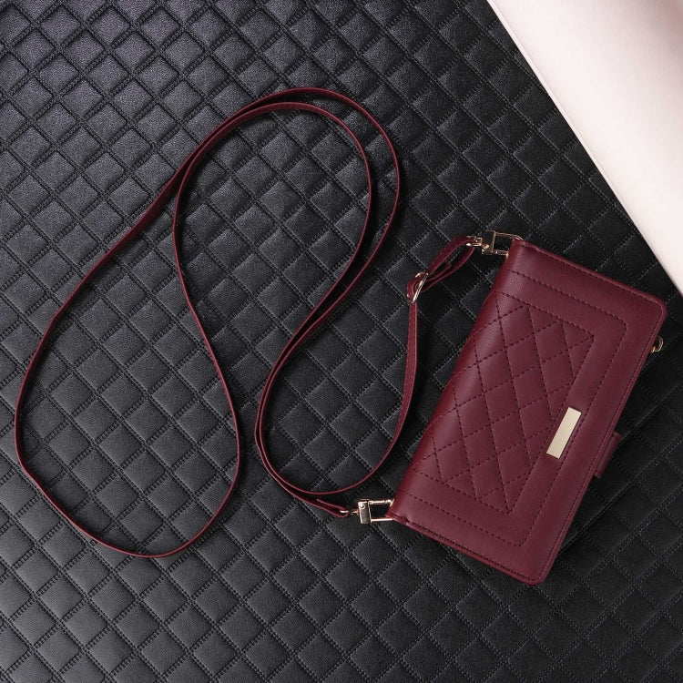 For iPhone 16 Crossbody Zipper Wallet Rhombus Leather Phone Case(Wine Red) - iPhone 16 Cases by PMC Jewellery | Online Shopping South Africa | PMC Jewellery | Buy Now Pay Later Mobicred