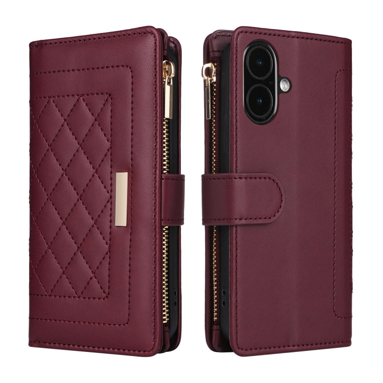 For iPhone 16 Crossbody Zipper Wallet Rhombus Leather Phone Case(Wine Red) - iPhone 16 Cases by PMC Jewellery | Online Shopping South Africa | PMC Jewellery | Buy Now Pay Later Mobicred