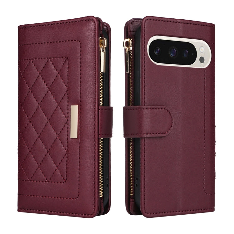 For Google Pixel 9 / 9 Pro Crossbody Zipper Wallet Rhombus Leather Phone Case(Wine Red) - Google Cases by PMC TechLife | Online Shopping South Africa | PMC TechLife | Buy Now Pay Later Mobicred