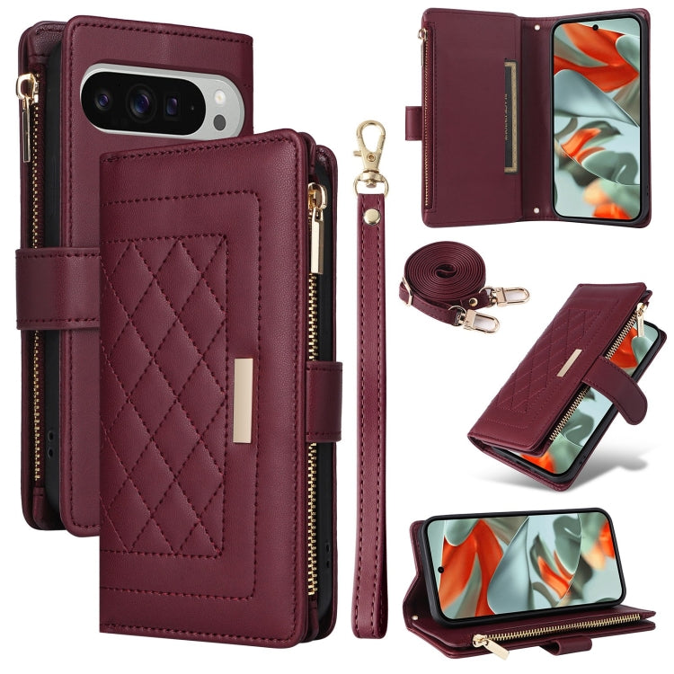 For Google Pixel 9 Pro XL Crossbody Zipper Wallet Rhombus Leather Phone Case(Wine Red) - Google Cases by PMC TechLife | Online Shopping South Africa | PMC TechLife | Buy Now Pay Later Mobicred