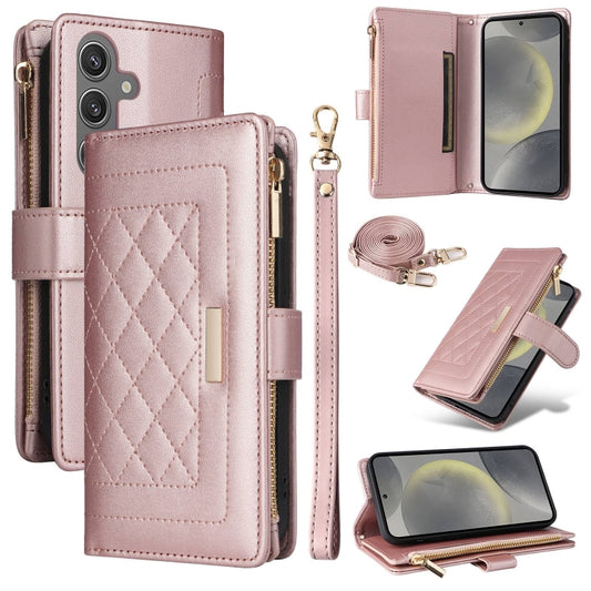 For Samsung Galaxy S24 5G Crossbody Zipper Wallet Rhombus Leather Phone Case(Rose Gold) - Galaxy S24 5G Cases by PMC Jewellery | Online Shopping South Africa | PMC Jewellery | Buy Now Pay Later Mobicred