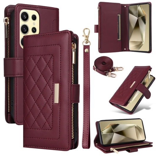 For Samsung Galaxy S24 Ultra 5G Crossbody Zipper Wallet Rhombus Leather Phone Case(Wine Red) -  by PMC Jewellery | Online Shopping South Africa | PMC Jewellery | Buy Now Pay Later Mobicred