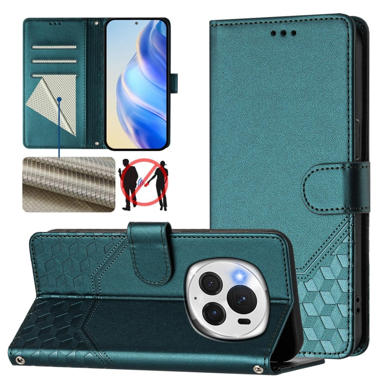 For Honor Magic6 Pro 5G Honeycomb Embossing RFID Leather Phone Case(Peacock Green) - Honor Cases by PMC Jewellery | Online Shopping South Africa | PMC Jewellery | Buy Now Pay Later Mobicred