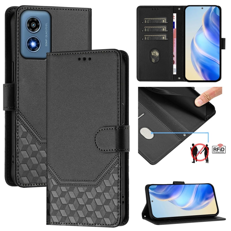 For Motorola Moto G Play 4G 2024 Oversea Honeycomb Embossing RFID Leather Phone Case(Black) - Motorola Cases by PMC Jewellery | Online Shopping South Africa | PMC Jewellery | Buy Now Pay Later Mobicred