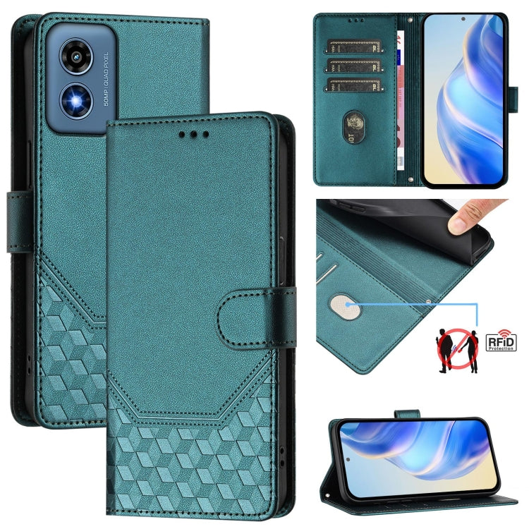 For Motorola Moto G Play 4G 2024 Oversea Honeycomb Embossing RFID Leather Phone Case(Peacock Green) - Motorola Cases by PMC Jewellery | Online Shopping South Africa | PMC Jewellery | Buy Now Pay Later Mobicred