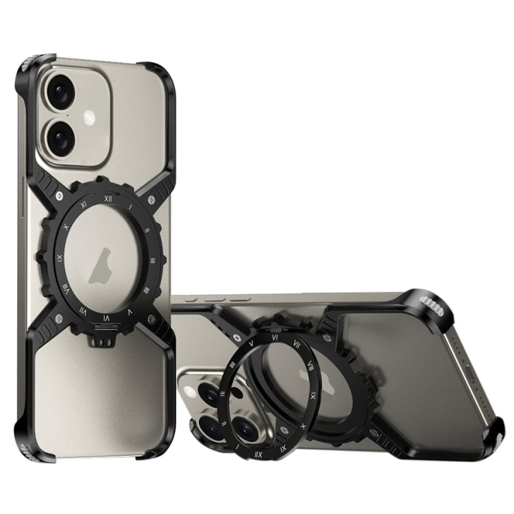 For iPhone 16 Mechanical Gear MagSafe Holder Borderless Metal Phone Case(Black) - iPhone 16 Cases by PMC Jewellery | Online Shopping South Africa | PMC Jewellery | Buy Now Pay Later Mobicred