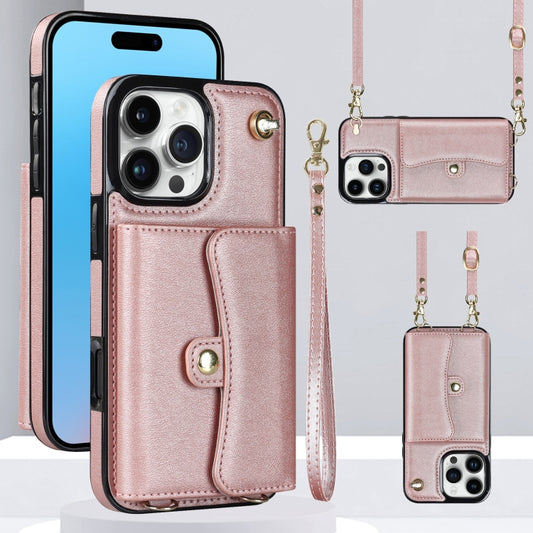 For iPhone 16 Pro Max RFID Card Slot Phone Case with Long Lanyard(Rose Gold) - iPhone 16 Pro Max Cases by PMC Jewellery | Online Shopping South Africa | PMC Jewellery | Buy Now Pay Later Mobicred