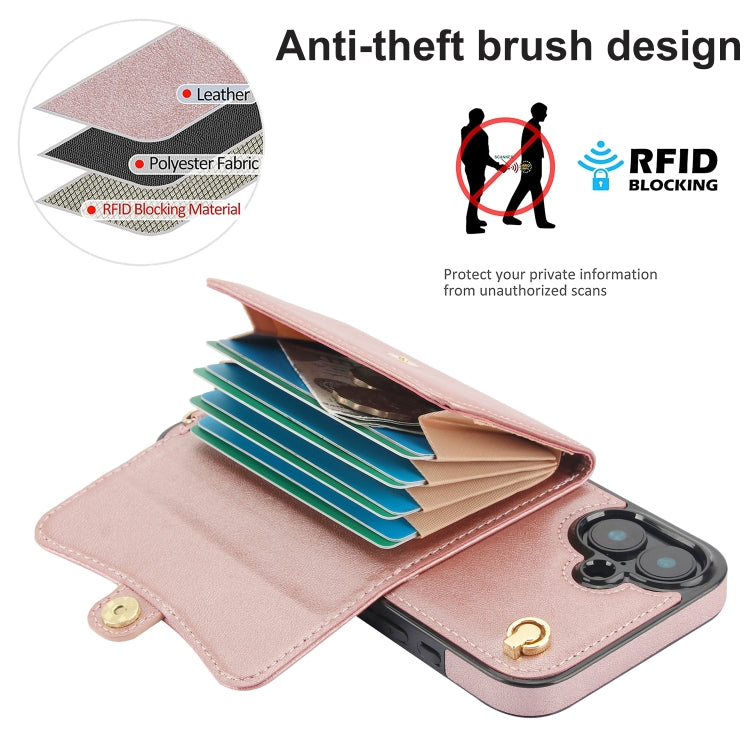 For iPhone 16 Plus RFID Card Slot Phone Case with Long Lanyard(Rose Gold) - iPhone 16 Plus Cases by PMC Jewellery | Online Shopping South Africa | PMC Jewellery | Buy Now Pay Later Mobicred