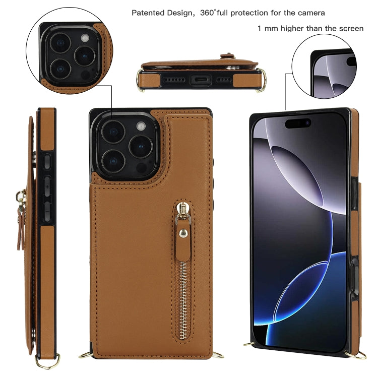 For iPhone 16 Pro Max Cross-body Zipper Square Phone Case(Brown) - iPhone 16 Pro Max Cases by PMC Jewellery | Online Shopping South Africa | PMC Jewellery | Buy Now Pay Later Mobicred