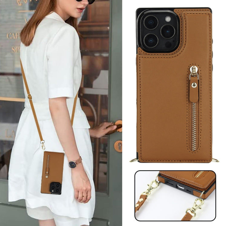 For iPhone 16 Pro Max Cross-body Zipper Square Phone Case(Brown) - iPhone 16 Pro Max Cases by PMC Jewellery | Online Shopping South Africa | PMC Jewellery | Buy Now Pay Later Mobicred