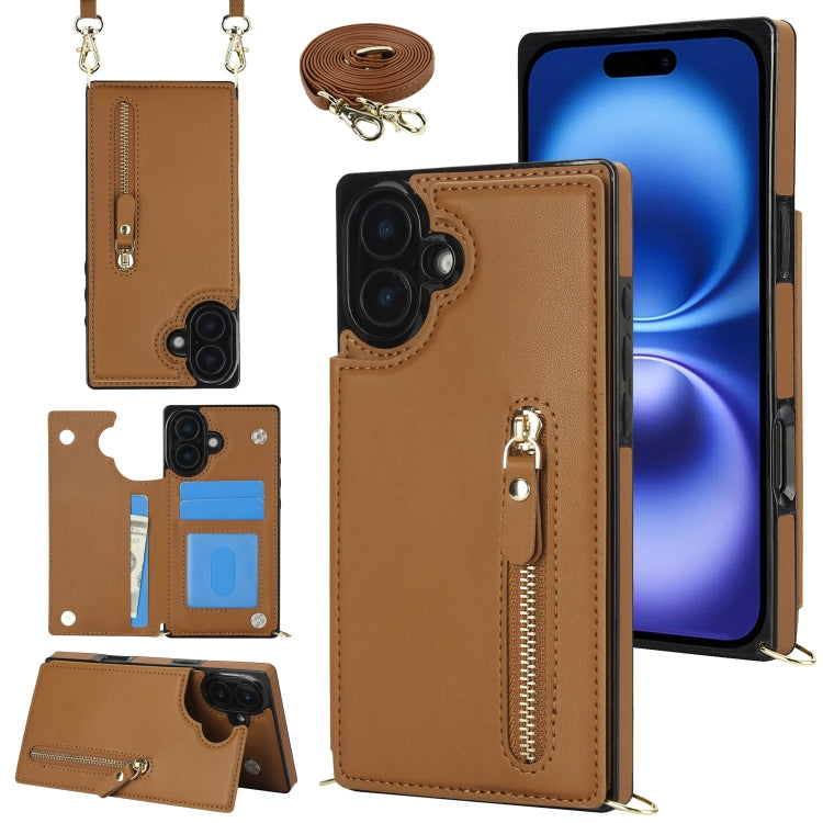 For iPhone 16 Cross-body Zipper Square Phone Case(Brown) - iPhone 16 Cases by PMC Jewellery | Online Shopping South Africa | PMC Jewellery | Buy Now Pay Later Mobicred