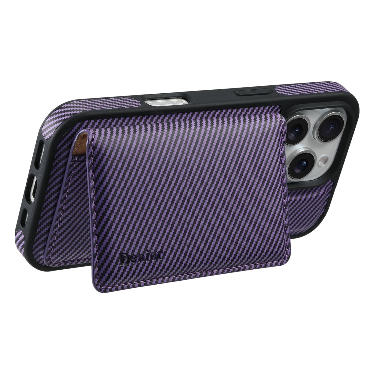 For iPhone 16 Pro Denior Carbon Fiber Texture Leather Card Bag MagSafe Phone Case(Purple) - iPhone 16 Pro Cases by Denior | Online Shopping South Africa | PMC Jewellery | Buy Now Pay Later Mobicred