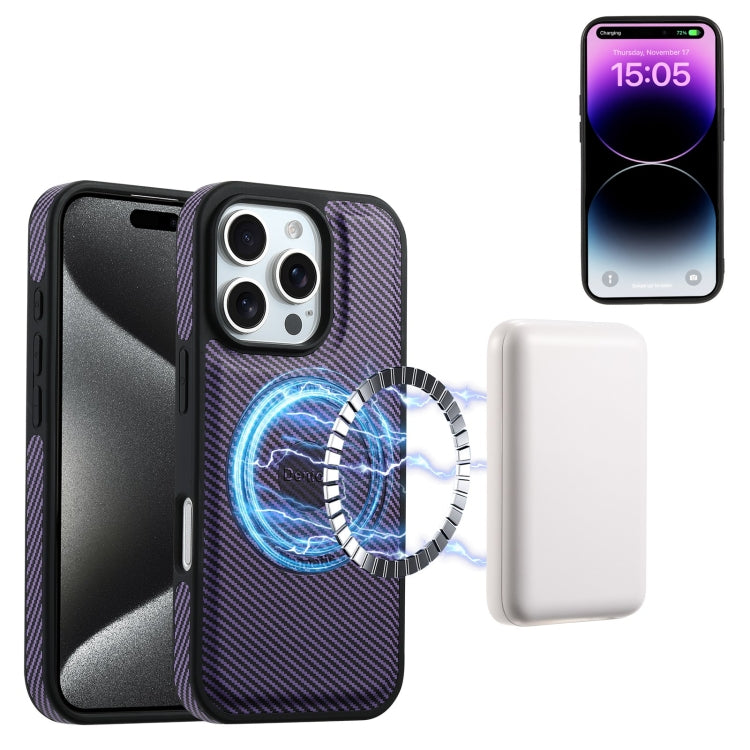 For iPhone 16 Pro Denior Carbon Fiber Texture Leather Card Bag MagSafe Phone Case(Purple) - free shipping - PMC Jewellery - Order now!