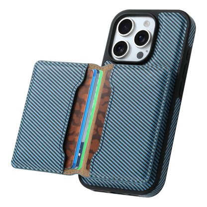 For iPhone 16 Plus Denior Carbon Fiber Texture Leather Card Bag MagSafe Phone Case(Blue) - iPhone 16 Plus Cases by Denior | Online Shopping South Africa | PMC Jewellery | Buy Now Pay Later Mobicred